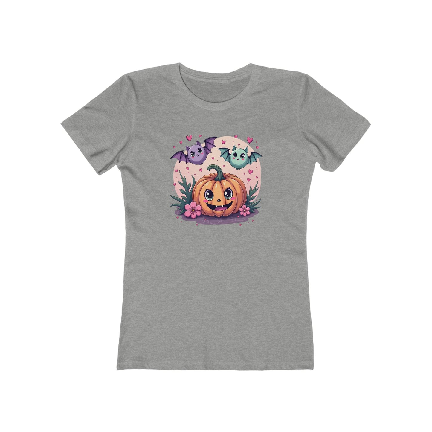 Cute Halloween Pumpkin Tee for Women — Kawaii Ghosts & Bat Graphic