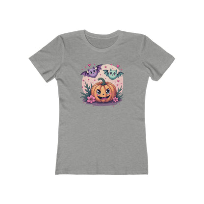 Cute Halloween Pumpkin Tee for Women — Kawaii Ghosts & Bat Graphic