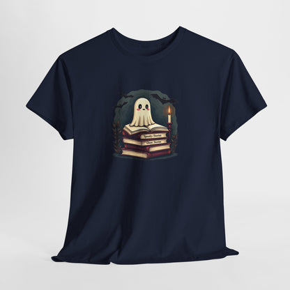 Ghost Reader T-Shirt — Cute Ghost on Stacked Books Halloween Tee