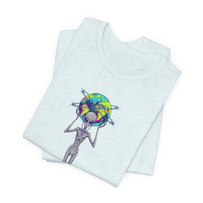 Alien Holding Earth Graphic Tee — Cosmic Sci‑Fi Alien Shirt