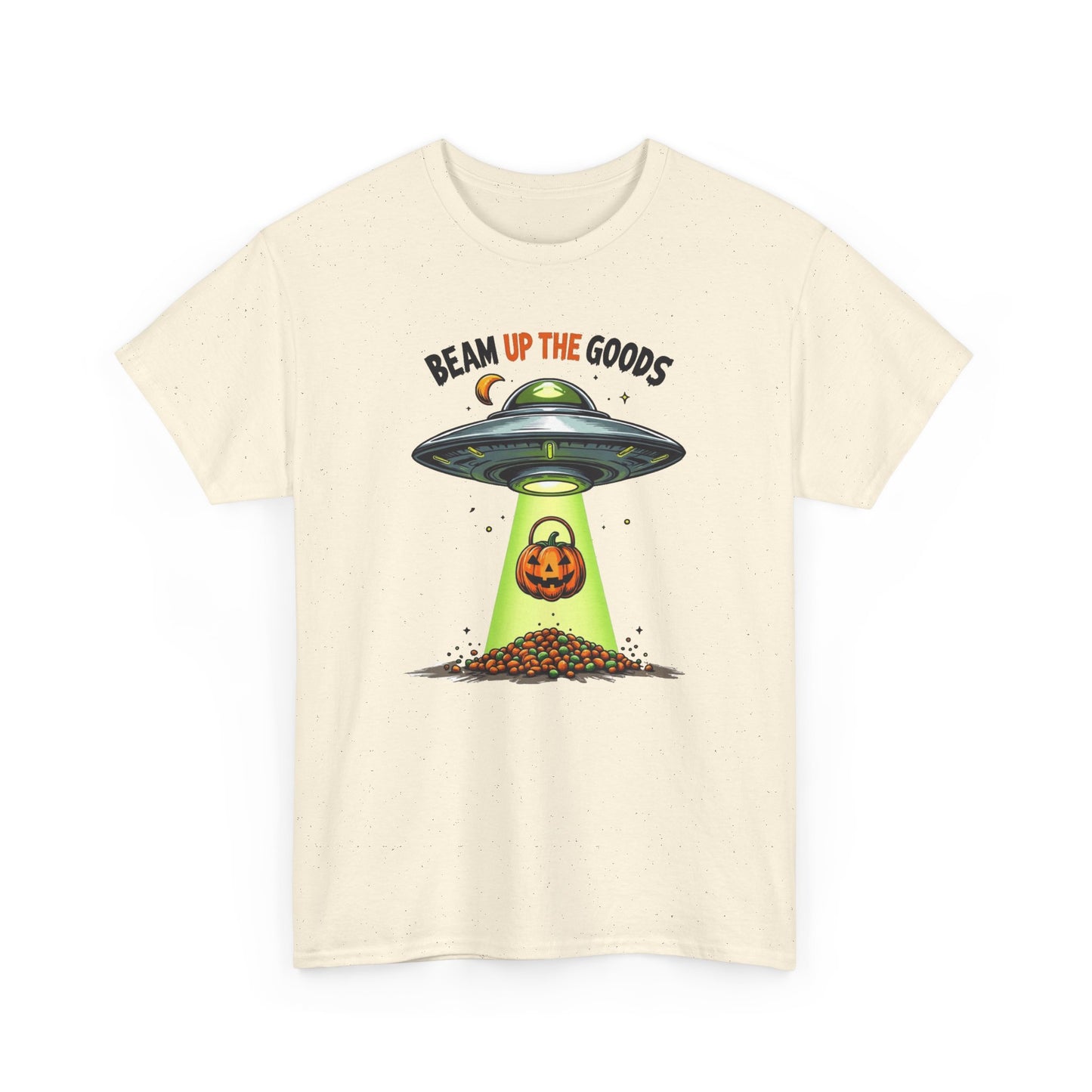 Halloween UFO T-Shirt — "Beam Up The Goods" Pumpkin Candy Abduction Tee