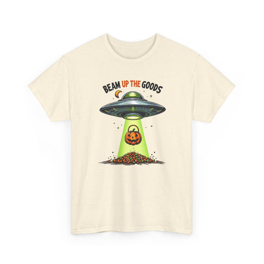 Halloween UFO T-Shirt — "Beam Up The Goods" Pumpkin Candy Abduction Tee
