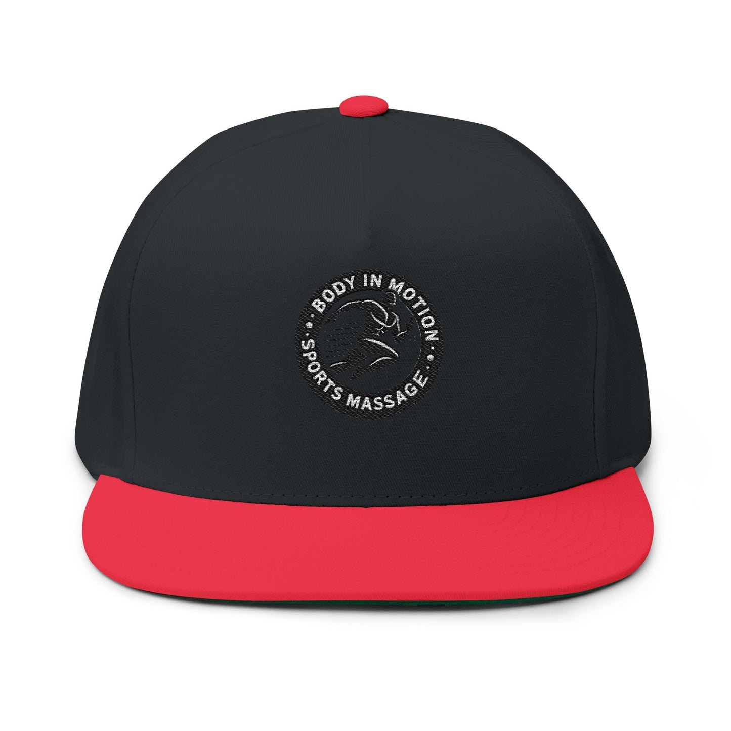 Sports Massage, Embroidered Flat Bill Cap — 'Body in Motion Sports Massage' Logo Snapback