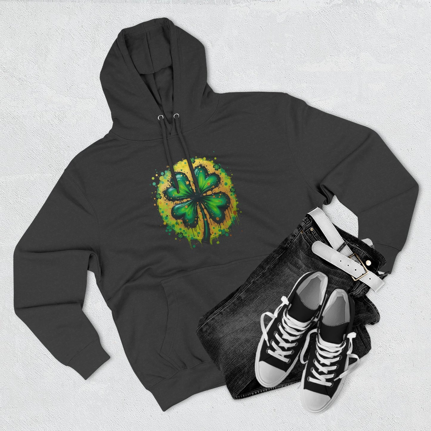 St. Patrick's Watercolor Shamrock Hoodie — Green Four-Leaf Luck Pullover