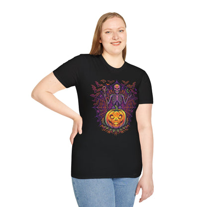 Skeleton Sorcerer Halloween T-Shirt — Jack-O'-Lantern & Bats Spooky Tee