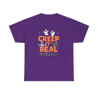 Creep It Real Unisex Heavy Cotton Tee, Halloween Shirt, Fall Apparel, Spooky Season, Ghost Theme, Unisex Casual Wear