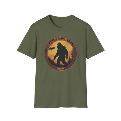 Bigfoot and UFO, Unisex Softstyle T-Shirt, Trendy Graphic Tee, Funny Bigfoot Shirt, Adventure Apparel, Gift for Nature Lovers