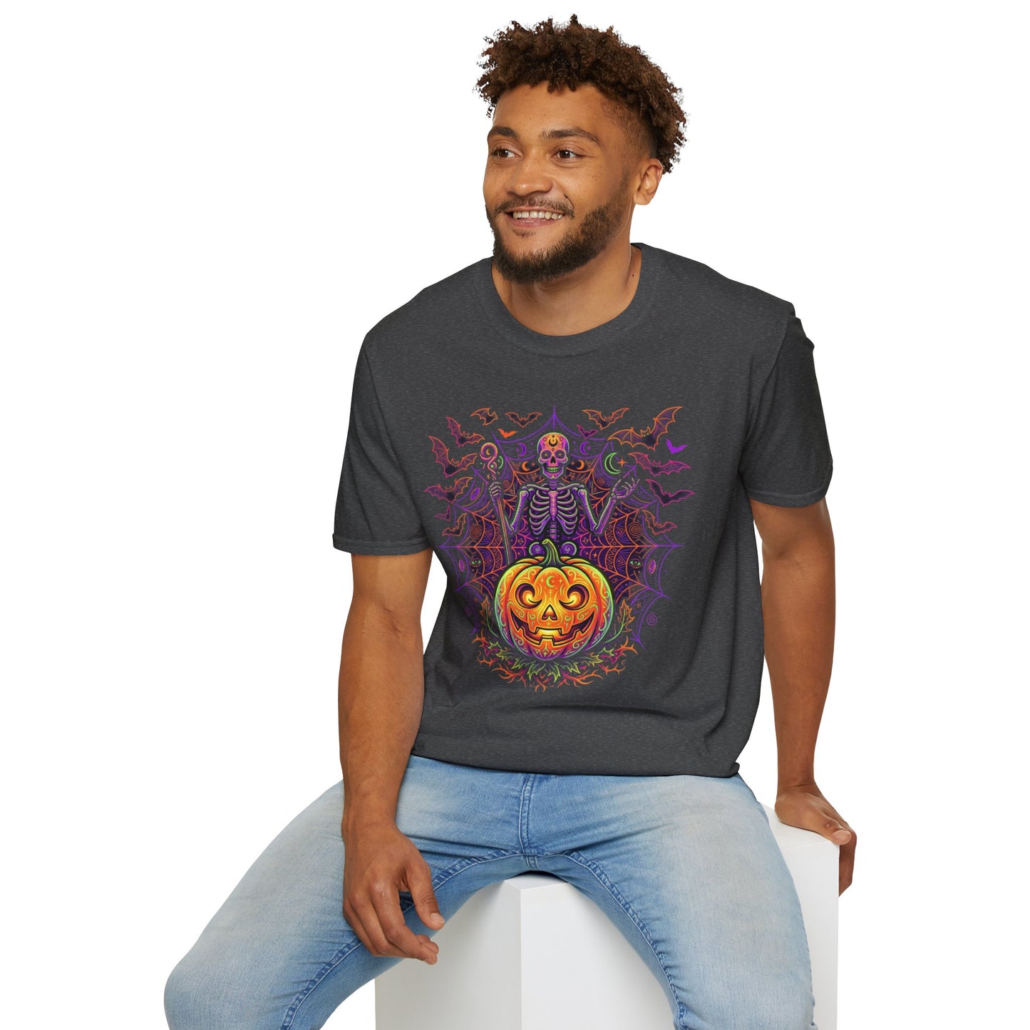 Skeleton Sorcerer Halloween T-Shirt — Jack-O'-Lantern & Bats Spooky Tee