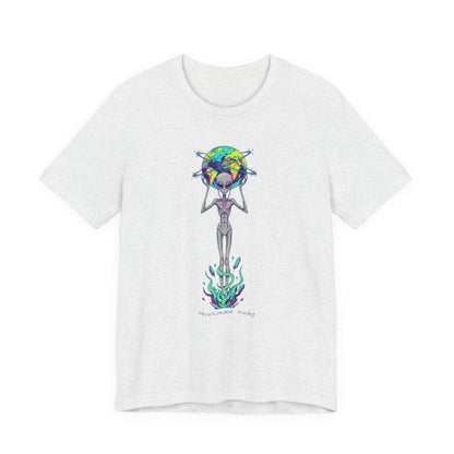 Alien Holding Earth Graphic Tee — Cosmic Sci‑Fi Alien Shirt
