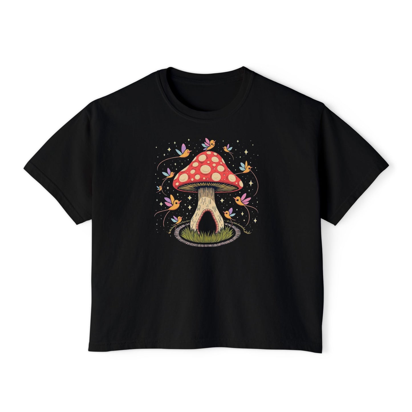Mushroom Fairy House Boxy Tee — Whimsical Nature Graphic Shirt for Women