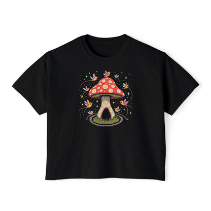 Mushroom Fairy House Boxy Tee — Whimsical Nature Graphic Shirt for Women