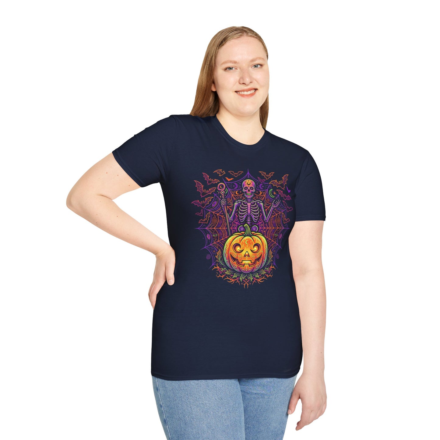 Skeleton Sorcerer Halloween T-Shirt — Jack-O'-Lantern & Bats Spooky Tee