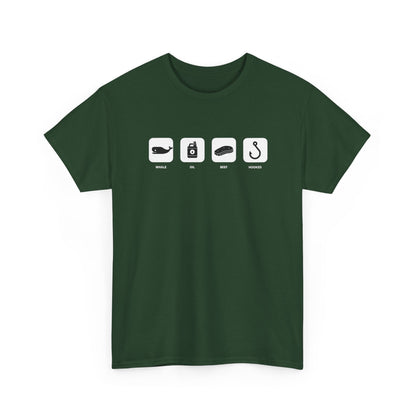 Fishing Essentials Icons T‑Shirt — Rod, Lure, Bait & Hook Graphic Tee