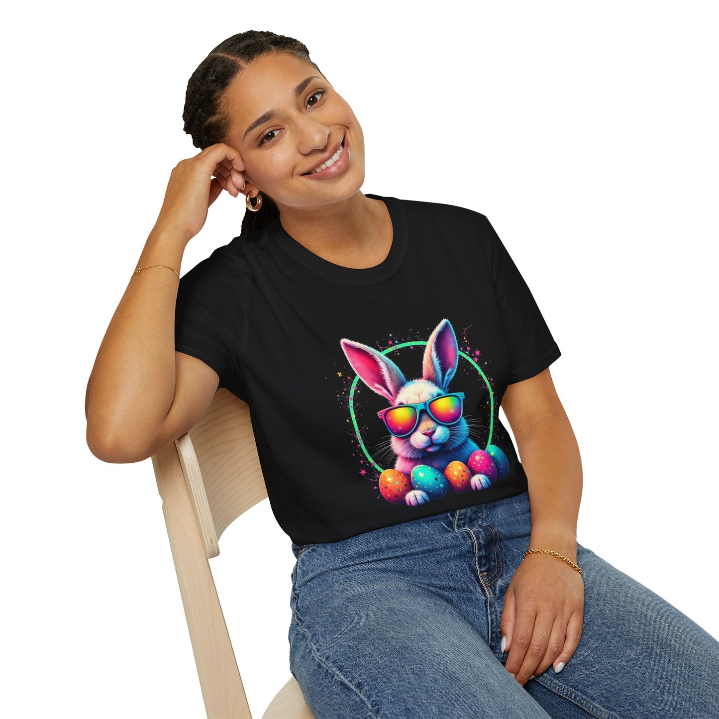 Easter Bunny Sunglasses T-Shirt — Colorful Neon Bunny with Easter Eggs