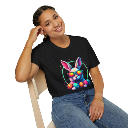 Easter Bunny Sunglasses T-Shirt — Colorful Neon Bunny with Easter Eggs