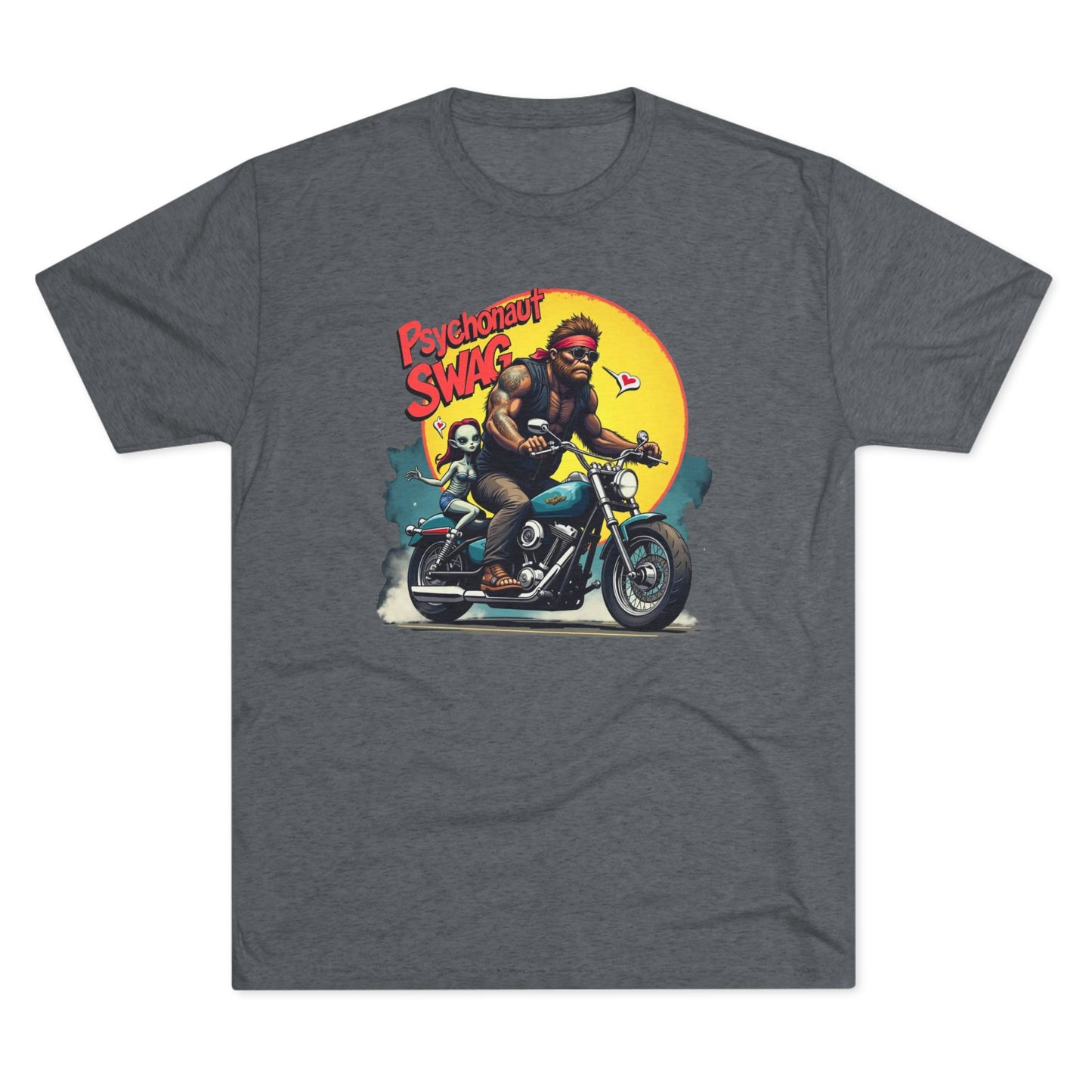Psychonaut Swag Bigfoot on Motorcycle T-Shirt — Retro Biker Graphic Tee