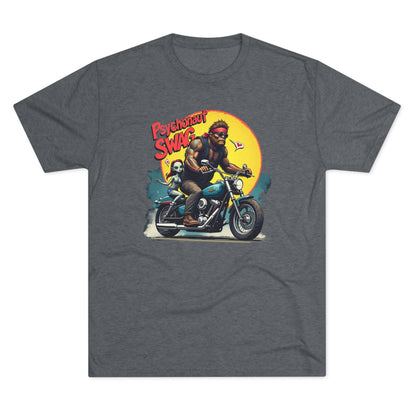 Psychonaut Swag Bigfoot on Motorcycle T-Shirt — Retro Biker Graphic Tee