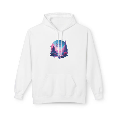 Retro Vaporwave Nature Hoodie — Neon Sunset Cityscape Graphic