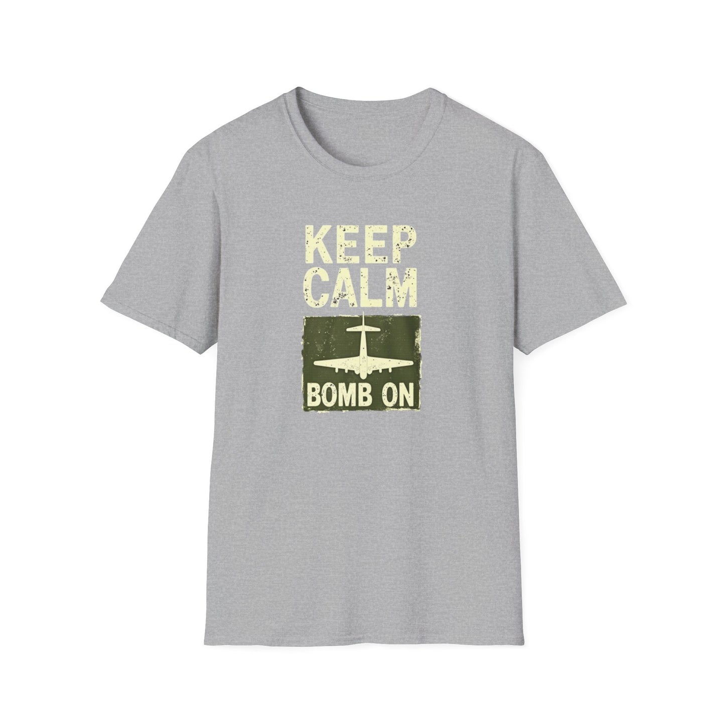 Keep Calm and Bomb On Unisex Softstyle T-Shirt, Casual Wear, Gift for Veterans, Military Humor, Comfortable Tees