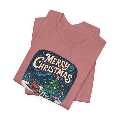 Merry Christmas Tee — Vintage Holiday Tree & Sled Graphic T-Shirt