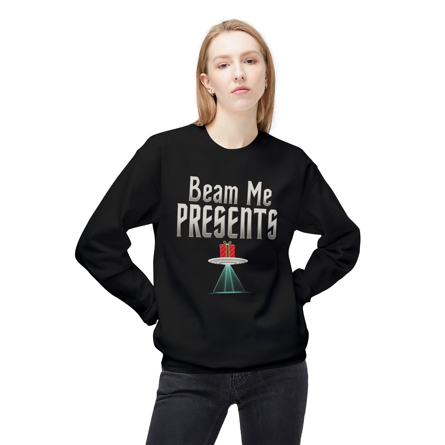 Crewneck Sweatshirt — "Beam Me Presents" UFO Holiday Gift Sweatshirt