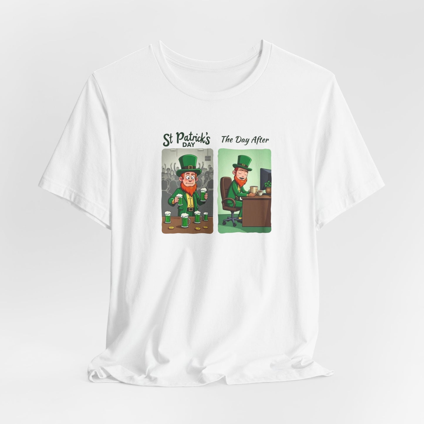 St. Patrick's Day Leprechaun Funny Cartoon T-Shirt — "St. Patrick's Day / The Day After" Tee