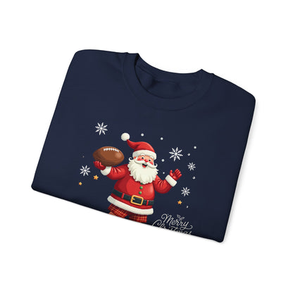 Santa Throwing Football, Christmas Sweatshirt - Jolly Santa with 'Merry Christmas' Graphic