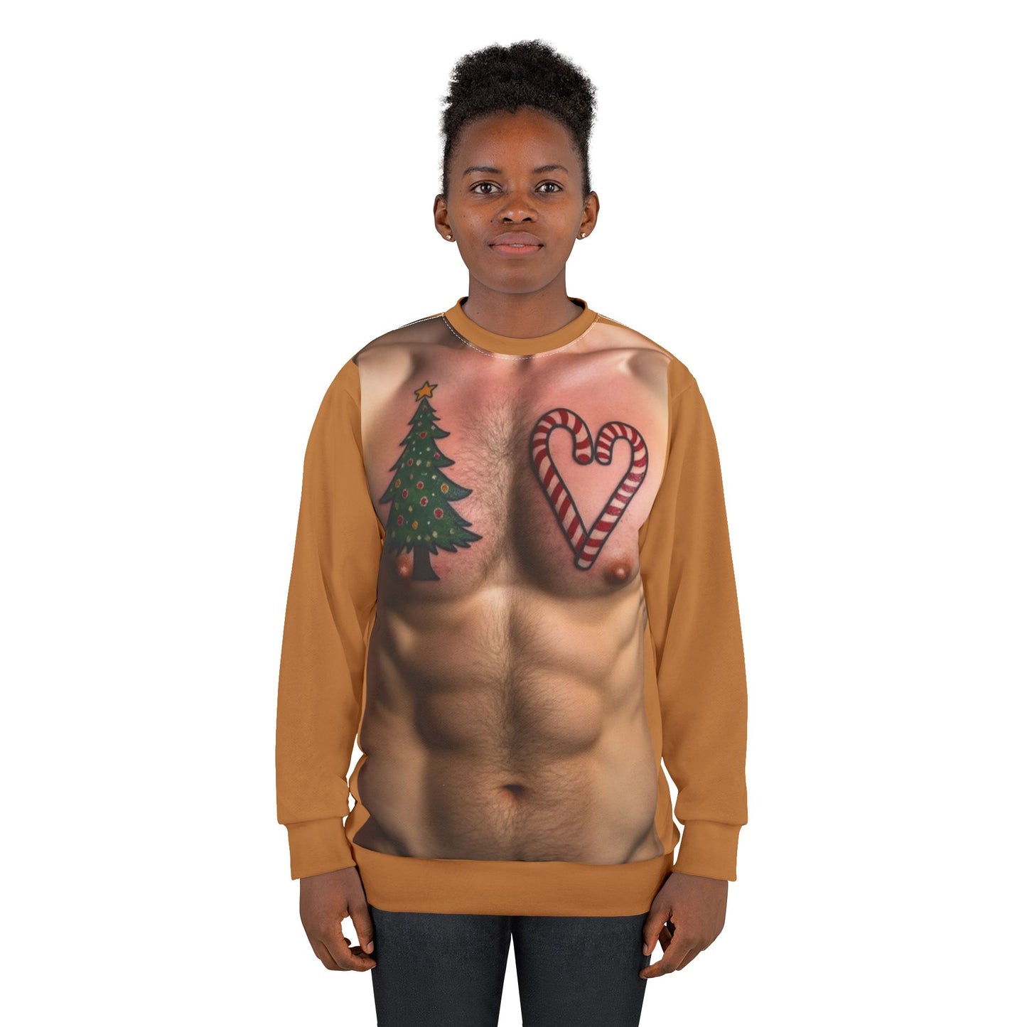 Christmas Tattoo Chest Ugly Sweatshirt — Candy Cane, Tree & Cookies Holiday Sweater