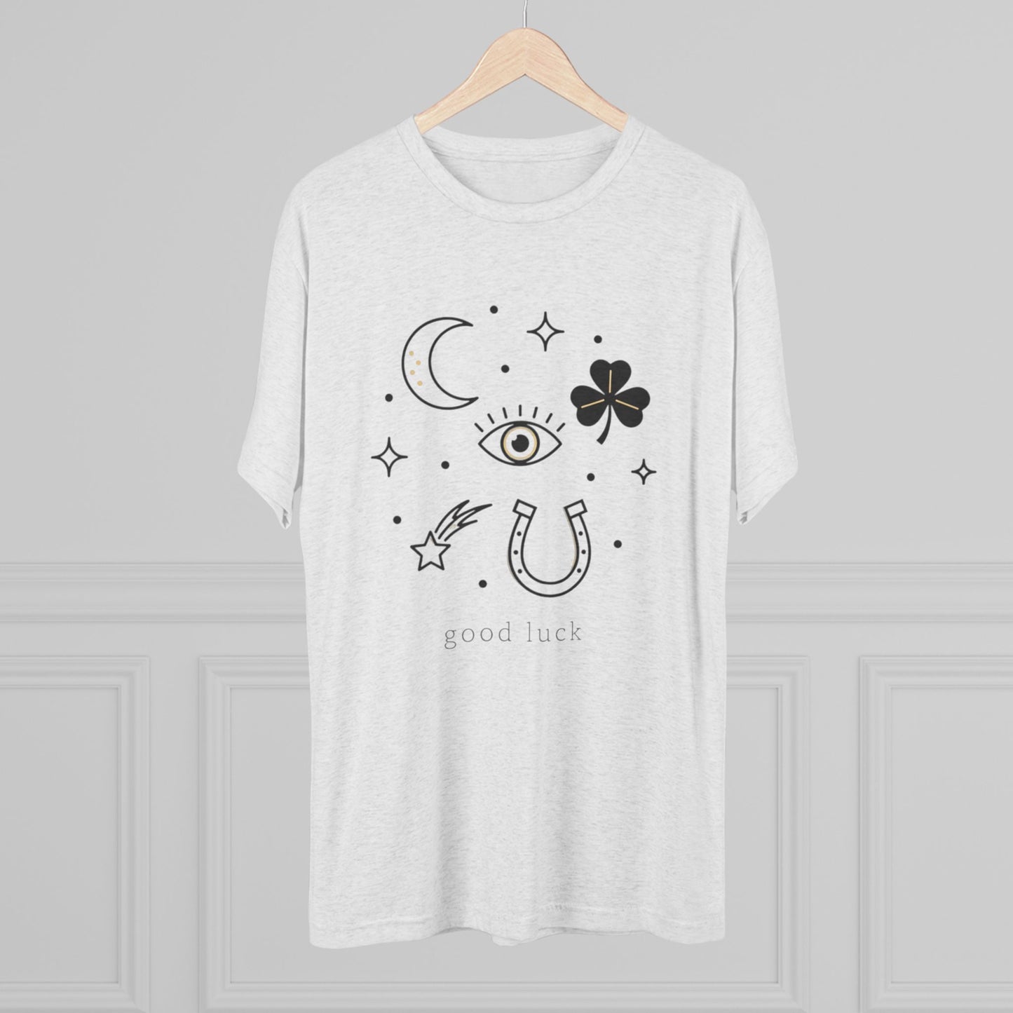 Good Luck Symbols Tee — Minimal Mystic Crescent, Eye, Horseshoe & Clover Graphic Shirt