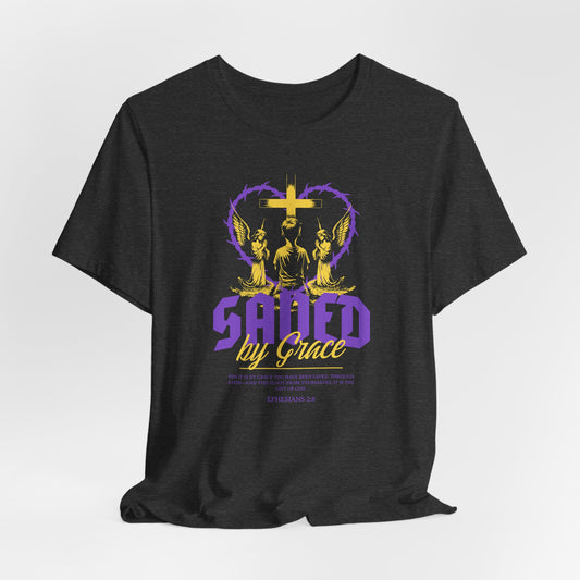 Saved by Grace T‑Shirt — Christian Faith Heart Design