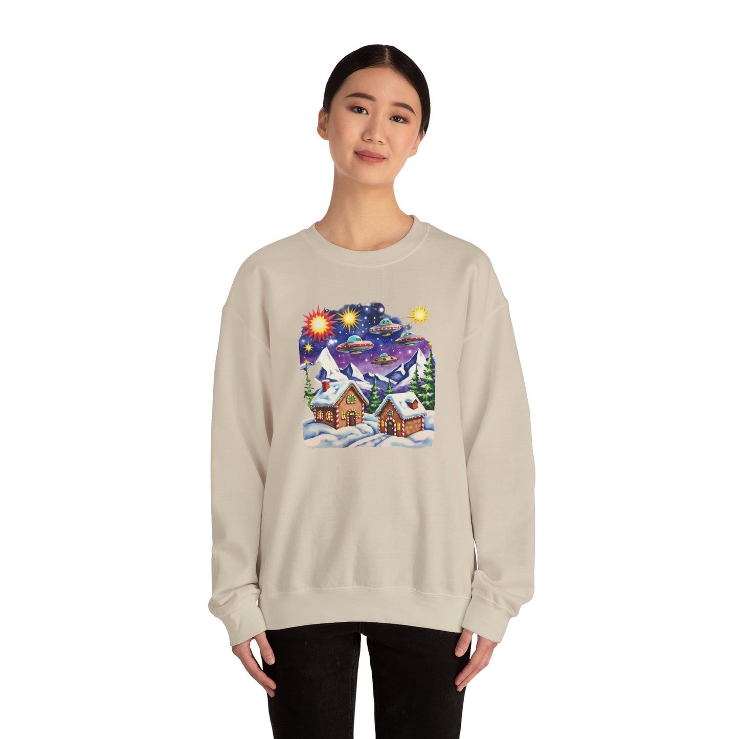 Crewneck Sweatshirt — Cozy Winter Cabin with UFO Nightscape