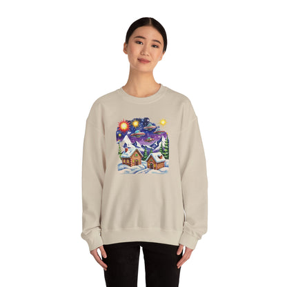Crewneck Sweatshirt — Cozy Winter Cabin with UFO Nightscape