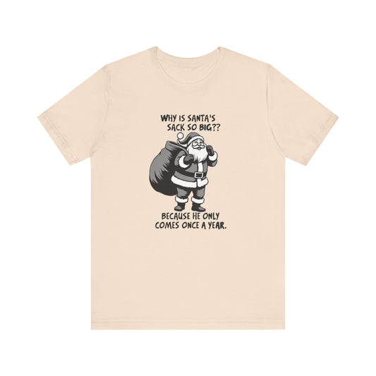 Funny Christmas T-Shirt — "Why Is Santa’s Sack So Big?" Holiday Graphic Tee