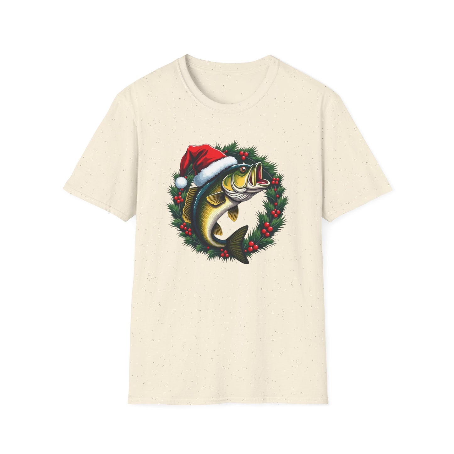 Christmas Wreath Bass Fishing T-Shirt — Santa Hat Fish Holiday Tee