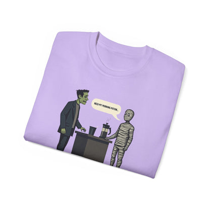 Funny Halloween Tee — Frankenstein & Mummy Coffee Joke Shirt