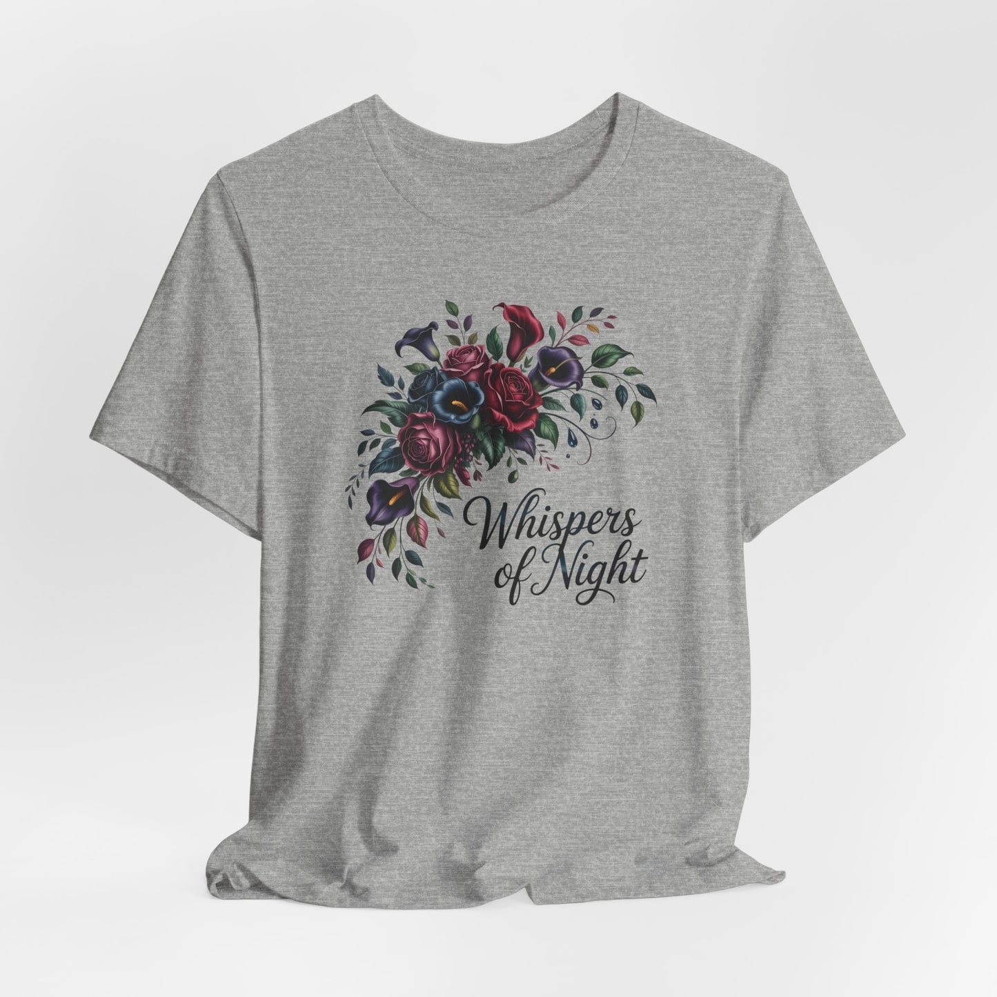 Whispers of Night Floral Tee — Dark Rose Bouquet Graphic T-Shirt