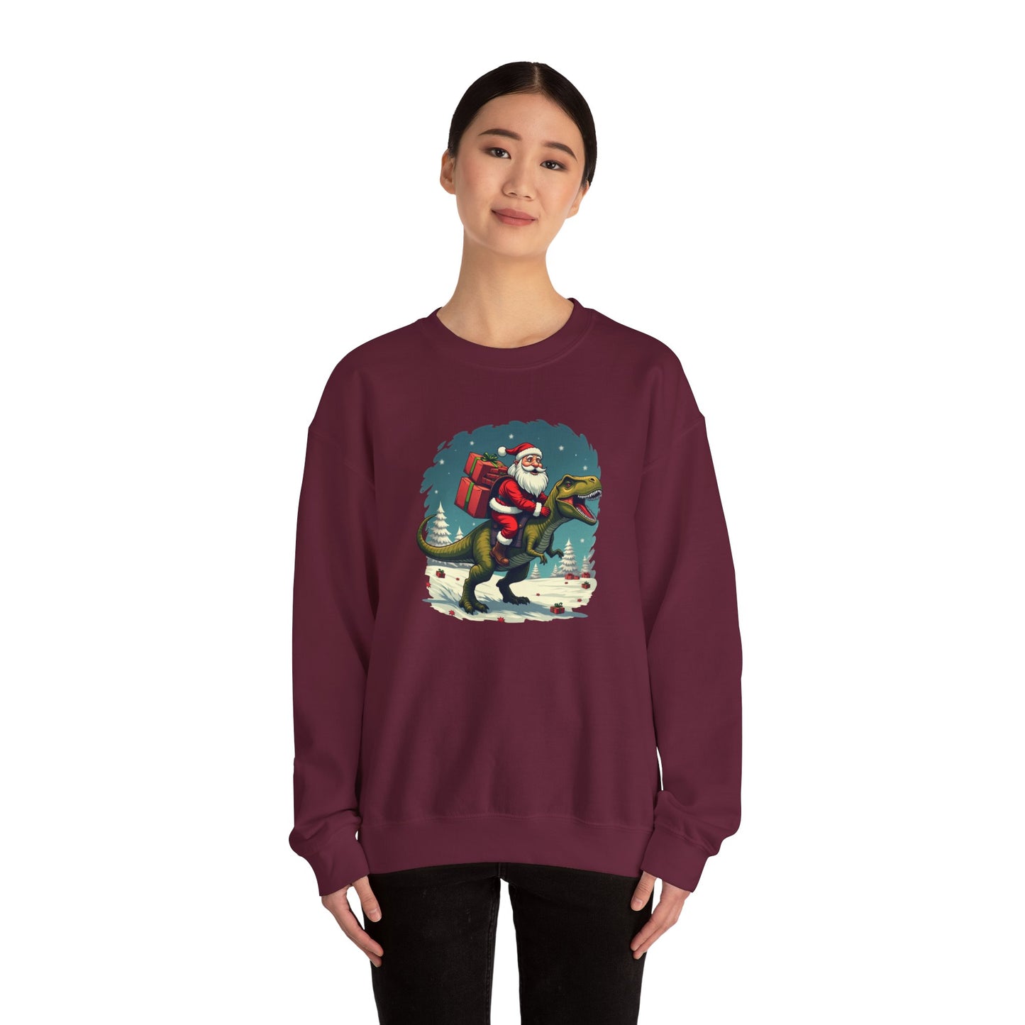 Santa Dashing through on a Dinosaur Sweatshirt — Santa Riding T-Rex Holiday Crewneck