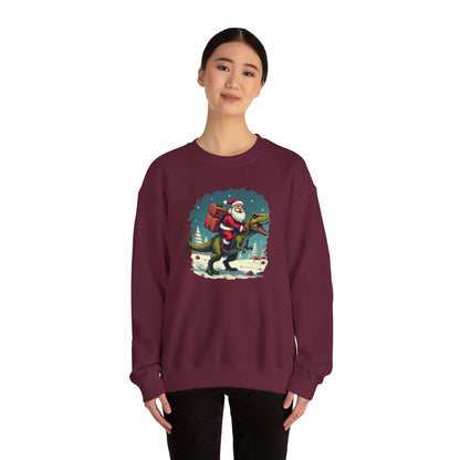 Santa Dashing through on a Dinosaur Sweatshirt — Santa Riding T-Rex Holiday Crewneck