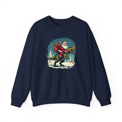 Santa Dashing through on a Dinosaur Sweatshirt — Santa Riding T-Rex Holiday Crewneck