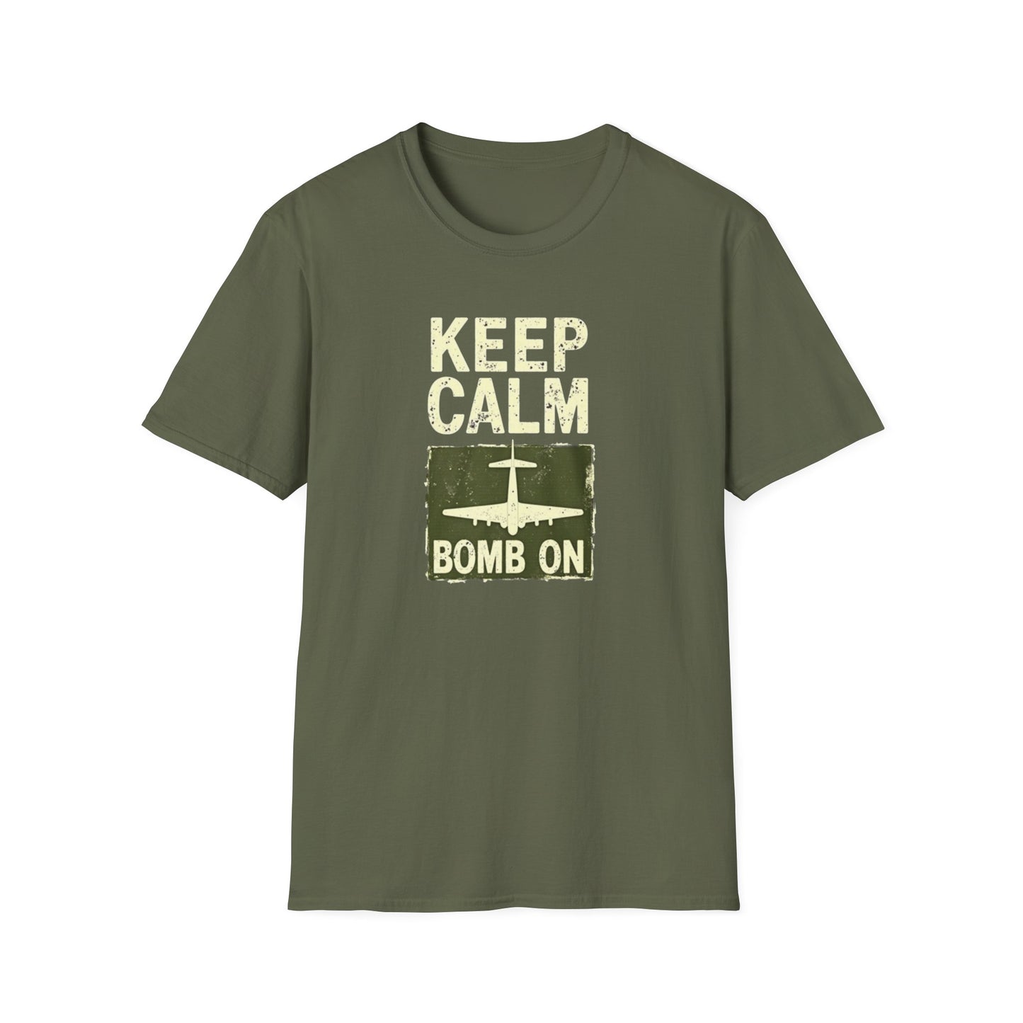 Keep Calm and Bomb On Unisex Softstyle T-Shirt, Casual Wear, Gift for Veterans, Military Humor, Comfortable Tees
