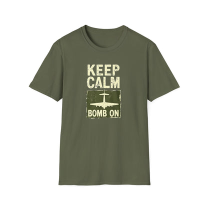 Keep Calm and Bomb On Unisex Softstyle T-Shirt, Casual Wear, Gift for Veterans, Military Humor, Comfortable Tees