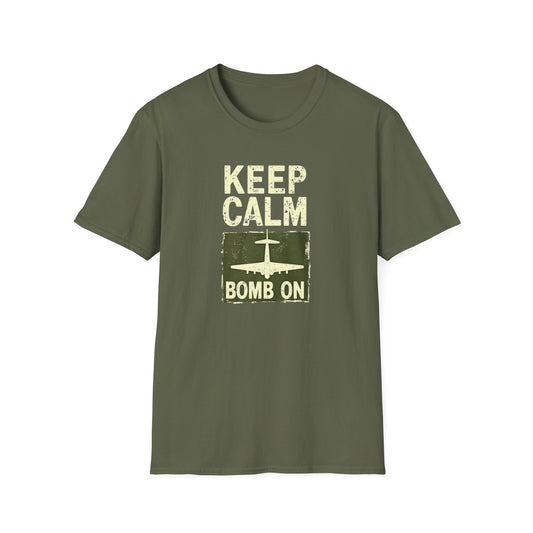 Keep Calm and Bomb On Unisex Softstyle T-Shirt, Casual Wear, Gift for Veterans, Military Humor, Comfortable Tees