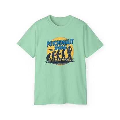 Psychonaut Evolution of Man Sunset, Unisex Tee, Retro Graphic T-Shirt, Music Festival Attire, Gift for Gamers, Casual Streetwear