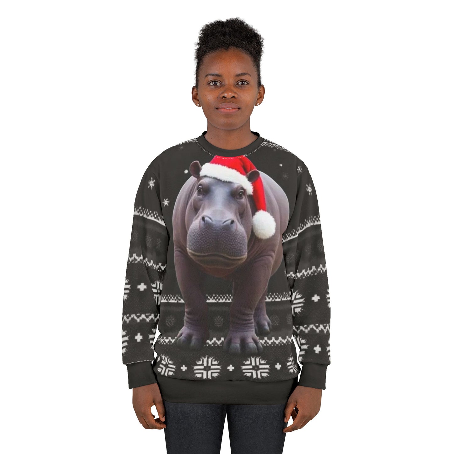 Christmas Hippo Sweater - Festive Santa Hat Holiday Sweatshirt