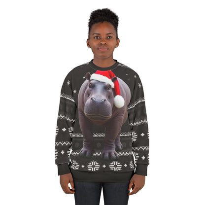 Christmas Hippo Sweater - Festive Santa Hat Holiday Sweatshirt