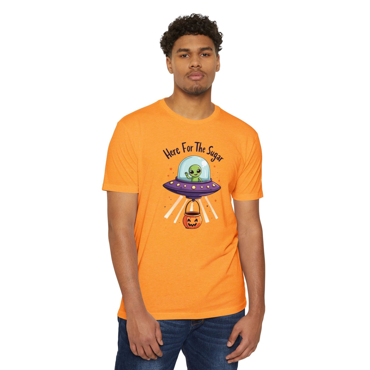 Halloween Alien T-Shirt — "Here For The Sugar" Cute UFO Trick-or-Treat Tee