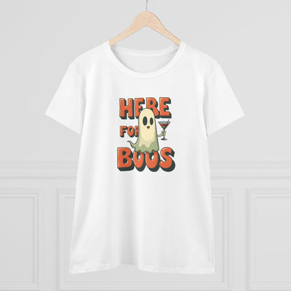 Here for Boos Halloween Ghost Tee — Funny Women’s Halloween T-Shirt with Cocktail Ghost