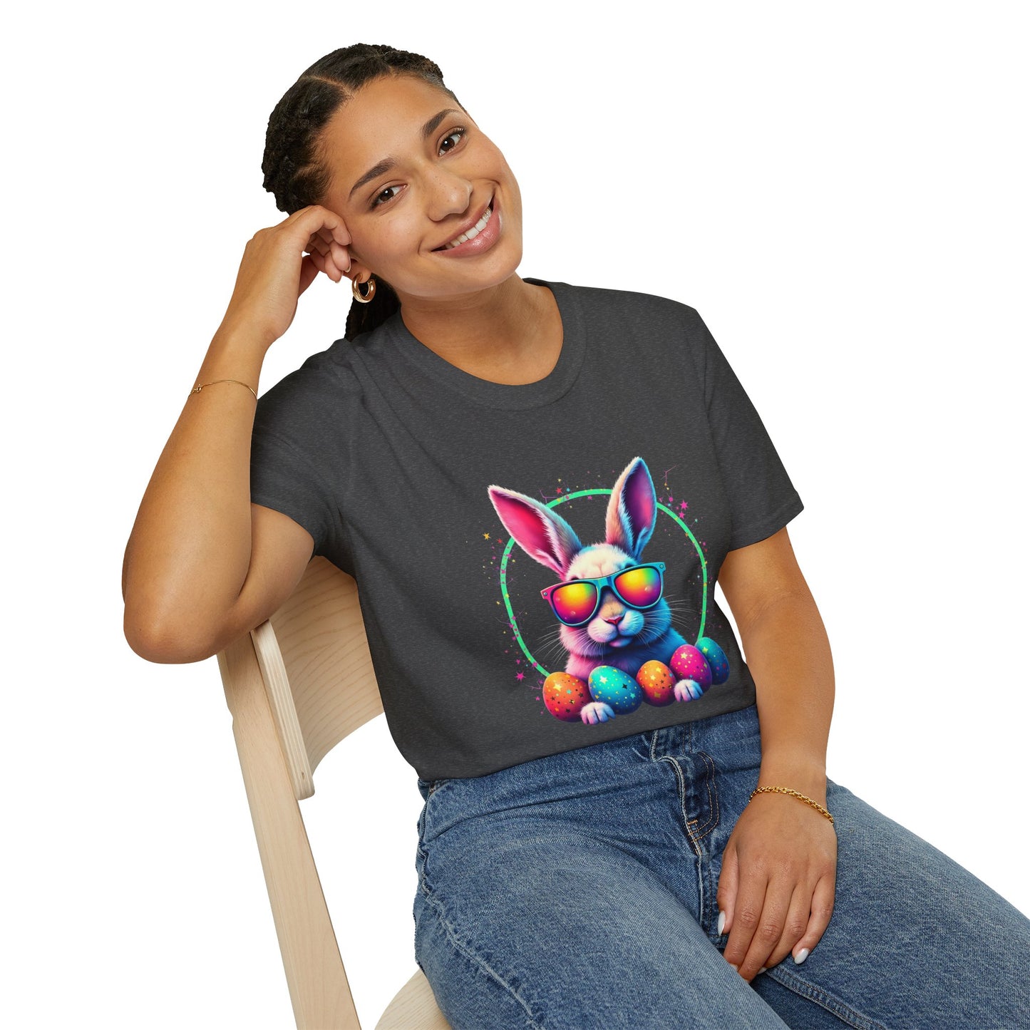 Easter Bunny Sunglasses T-Shirt — Colorful Neon Bunny with Easter Eggs