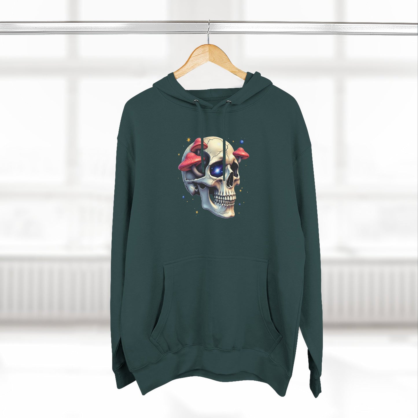 Skull & Mushrooms Hoodie — Gothic Skull with Red Mushroom Graphic