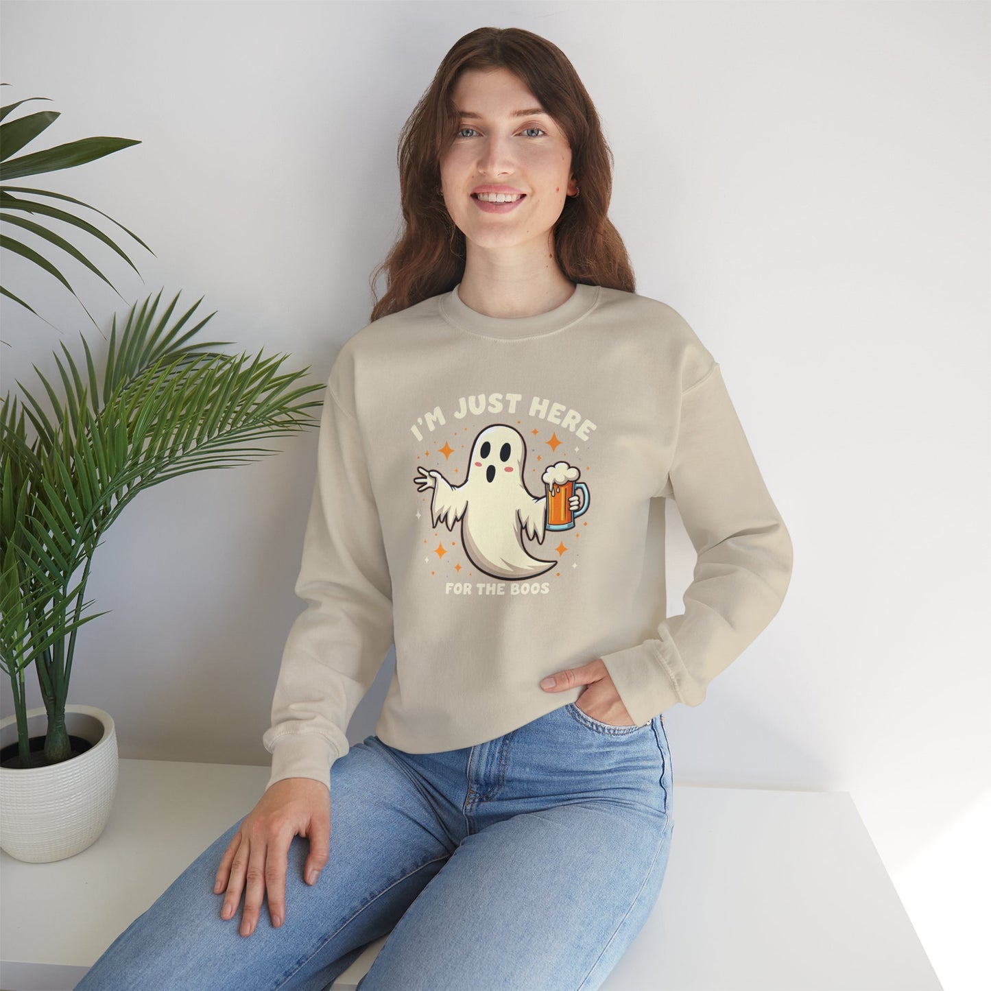 Halloween Ghost Sweatshirt — "I'm Just Here for the Boos" Cozy Crewneck